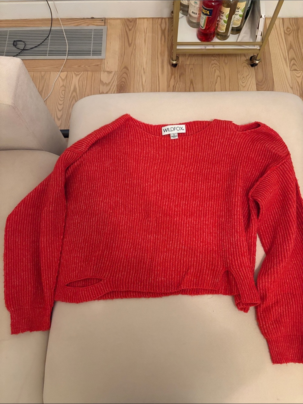 Wildfox Red Ribbed Distressed Crewneck Sweater